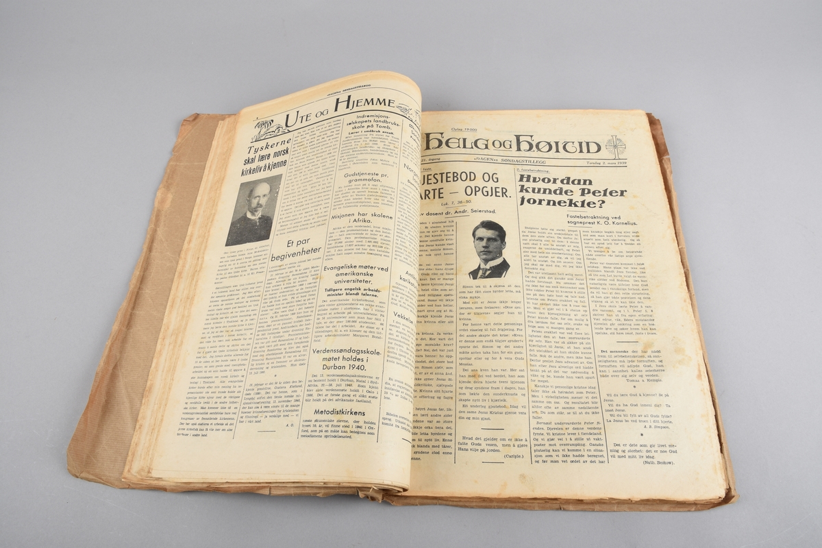 Eit eksemplar av avisa "Dagen" frå 1942 og diverse eksemplar av "Helg og Høitid" frå 1937 til 1939 - søndagstillegg til avisa "Dagen", hefta daman med omslag i gråpapir.