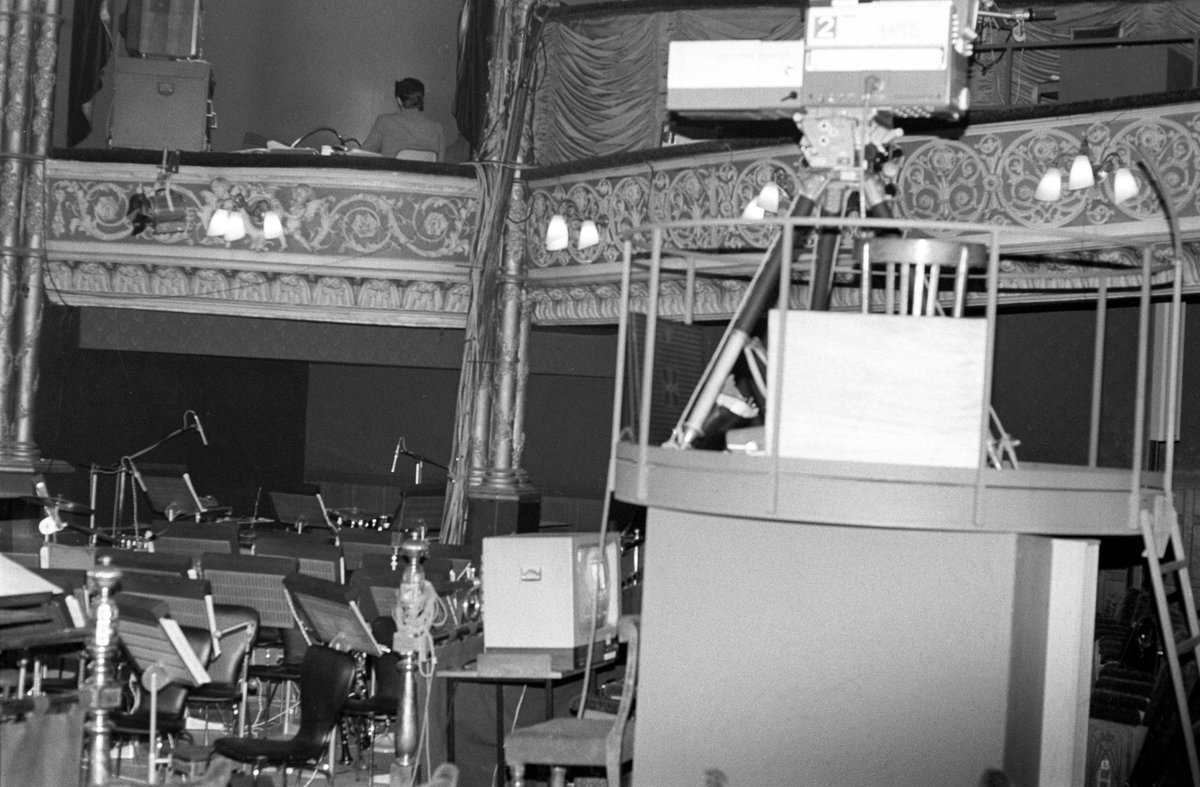 Melodi Grand Prix (MGP) i Dublin. Her fra forberedelsene i Gaiety teatret hvor Melodi Grand Prix-finalen fant sted. Fjernsynskamera til høyre i bildet.