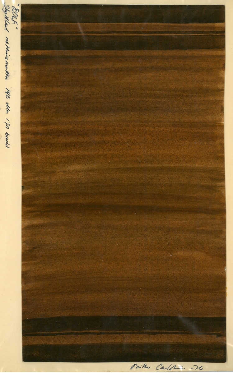 Skiss till skyttlad matta.
Formgivare: Britta Carlström 1976
"Rolf"
"Skyttlad nöthårsmatta 140 eller 170 bredd"