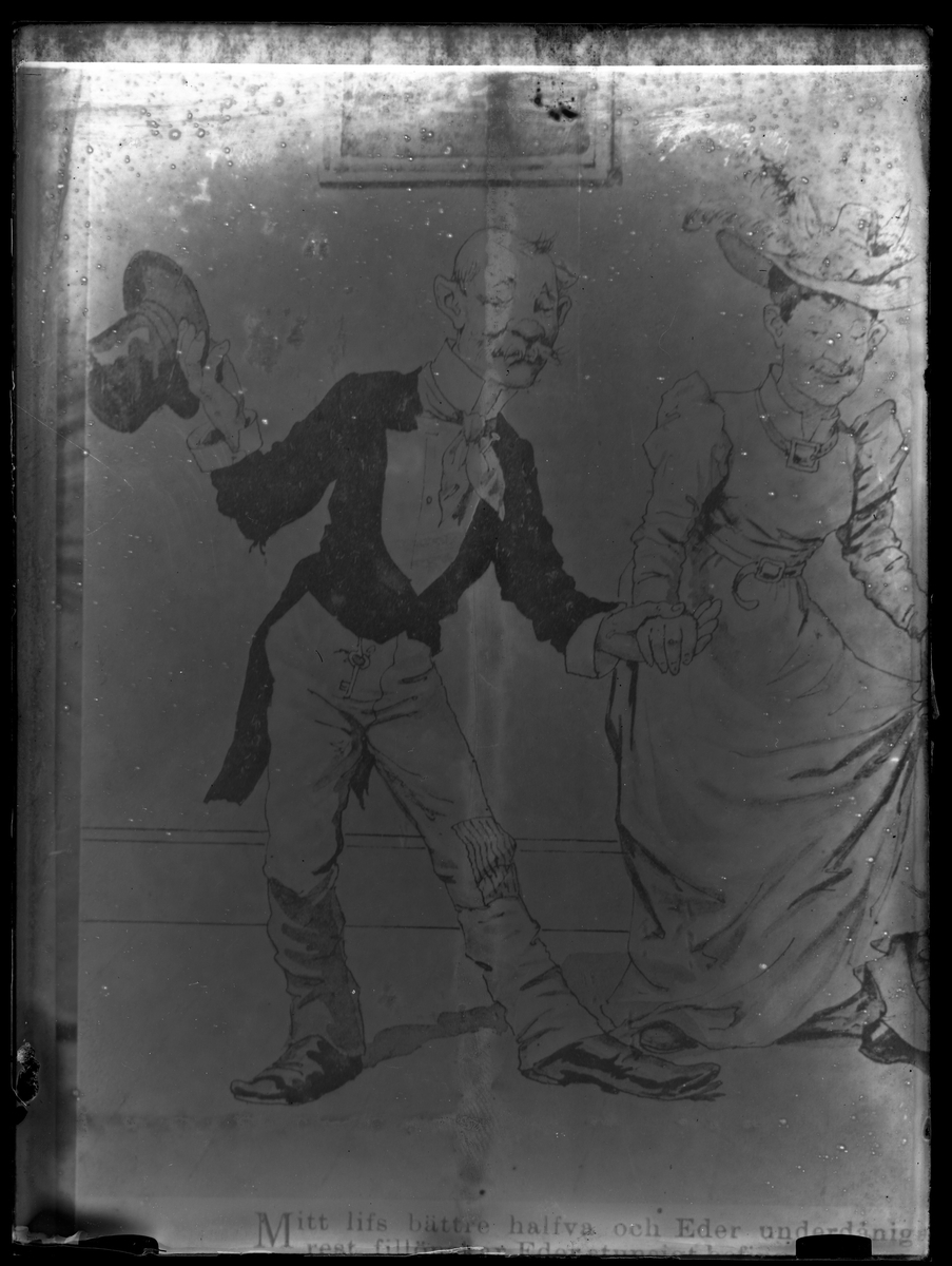 Reproduktions fotografi av brevkort med tecknat äldre par hand i hand. Mannen lyfter på hatten till hälsning medan kvinnan niger.