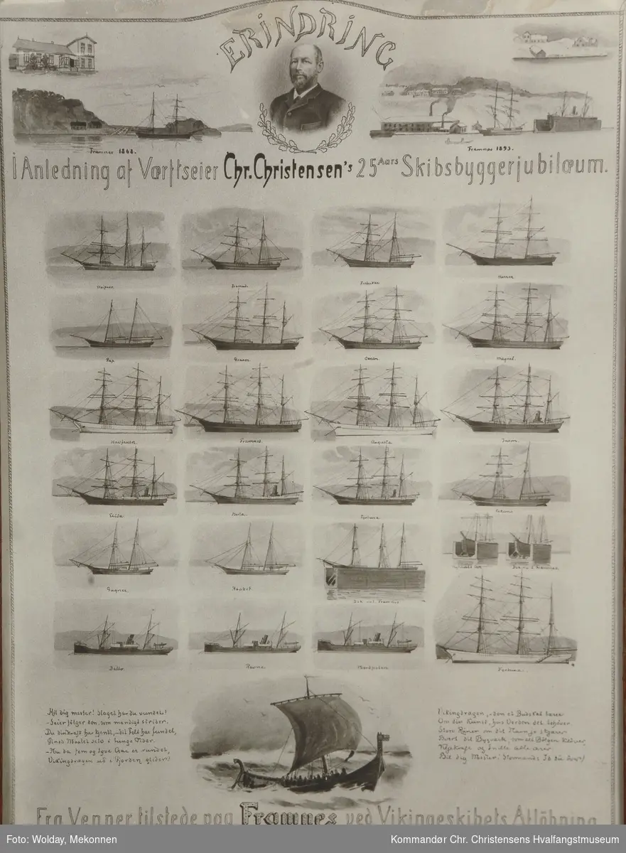 20 seilskip, 3 dampskip, lite portrett av Chr. Christensen.