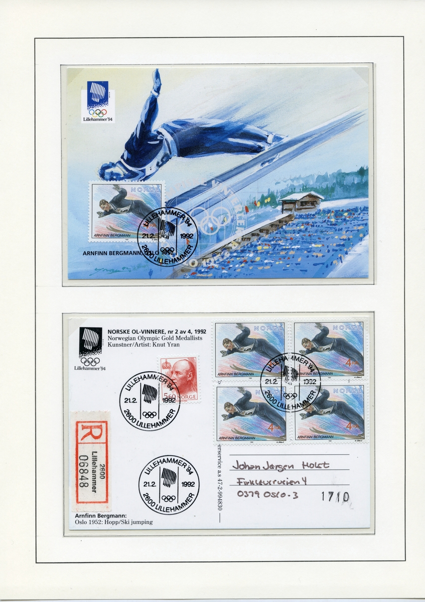 To like postkort med bilde av Arnfinn Bergmann både på kortet og på frimerket. Det ene kortet har ett frimerke, mens det andre har fire like frimerker. Stempelet har emblemet til Lillehammer '94.