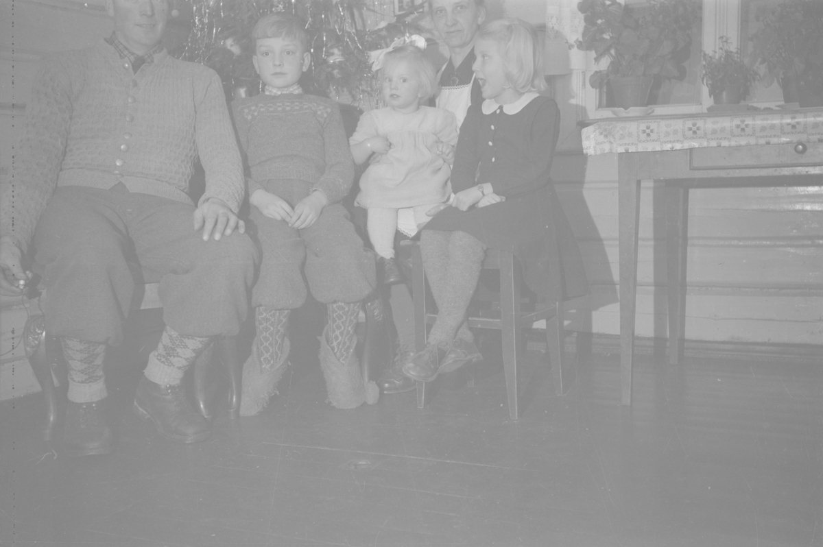 Familie på fem foran juletre  (Dårlig bilde)