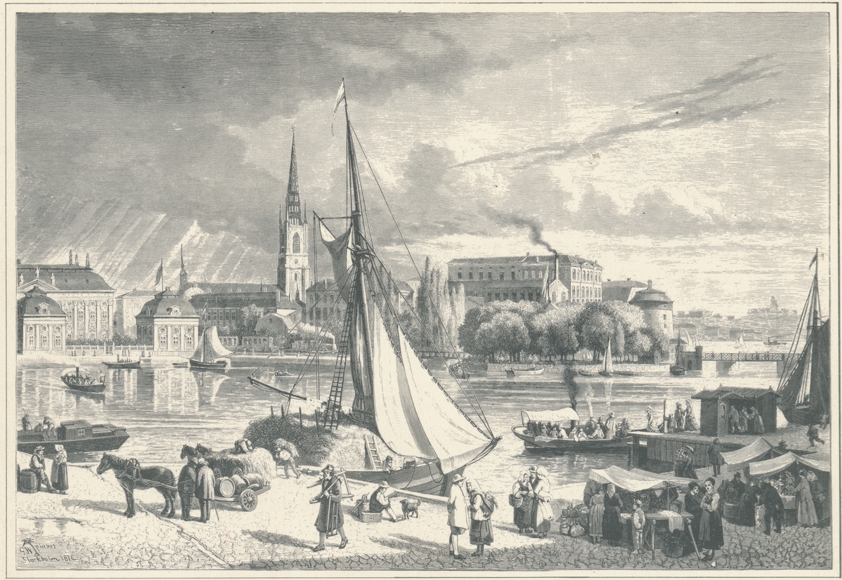 Trägravyr efter oljemålning av G.W.Palm.
Utsikt över Riddarhuset och Strömsborg  från Rödbodtorget år 1875. Riddarholmskyrkans torn syns något till vänster om segelskutans mast.