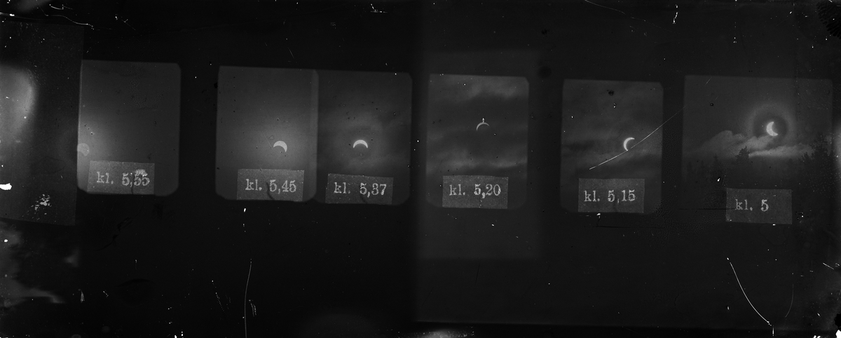Solförmörkelse. Sex olika faser mellan klockan 5 till 5.55, Uppsala 19 augusti 1887