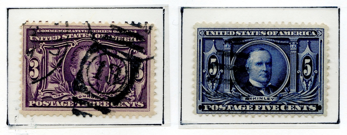 13 amerikanske frimerker fra 1904 (5 ulike frimerker) som viser sentrale personer knyttet til "The Louisiana Purchase" i 1803 der 15 stater ble kjøpt fri fra Frankrike. Tre frimerker med grønn bakgrunnsfarge viser portrettet av Livingston, tre frimerker med rød bakgrunnsfarge viser portrett av Jefferson, to med fiolett bakgrunnsfarge som viser Monroe, to blå viser Mc Kinley, og tre brune frimerker som viser kart over de aktuelle statene.