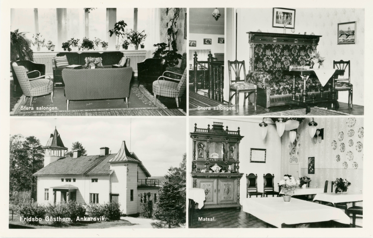 En serie bilder från Fridsbo Gästhem, Ankarsvik, Alnö. Exteriör på huvudbyggnaden samt annex. Collage med föregående samt interiörer. Sist en reklamfolder med beskrivning av gästhemmet. Utgivet 1964. Vykort.