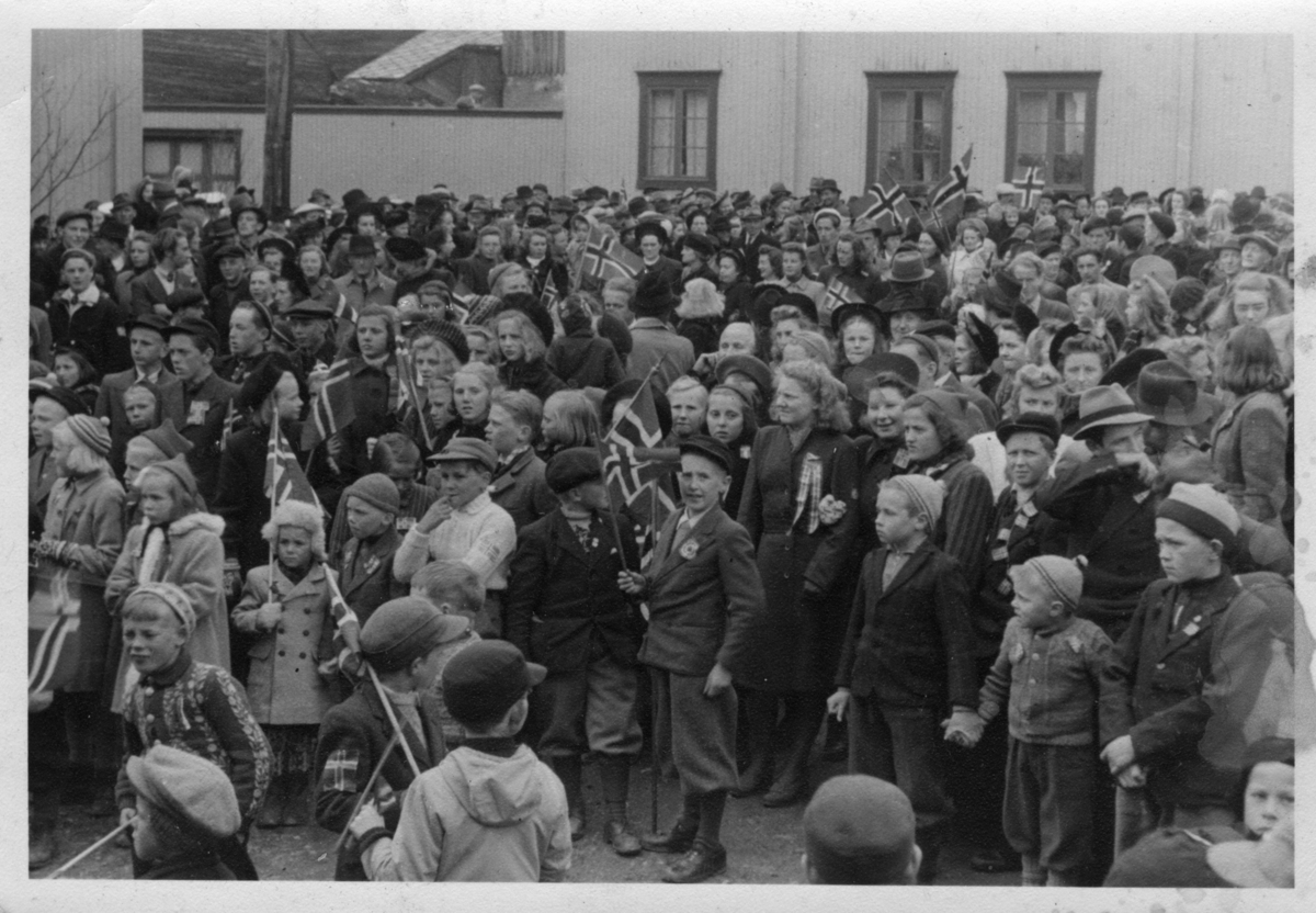 Frigjøring 1945. Folkemengde og barn med flagg feirer frigjøringa