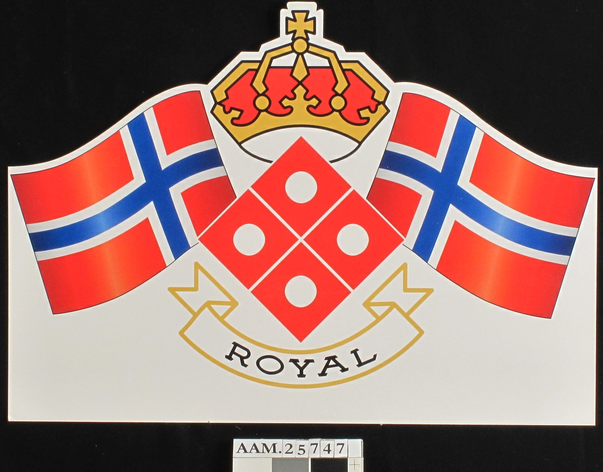 Kongekrone og to norske flagg. Banner m.tekst.