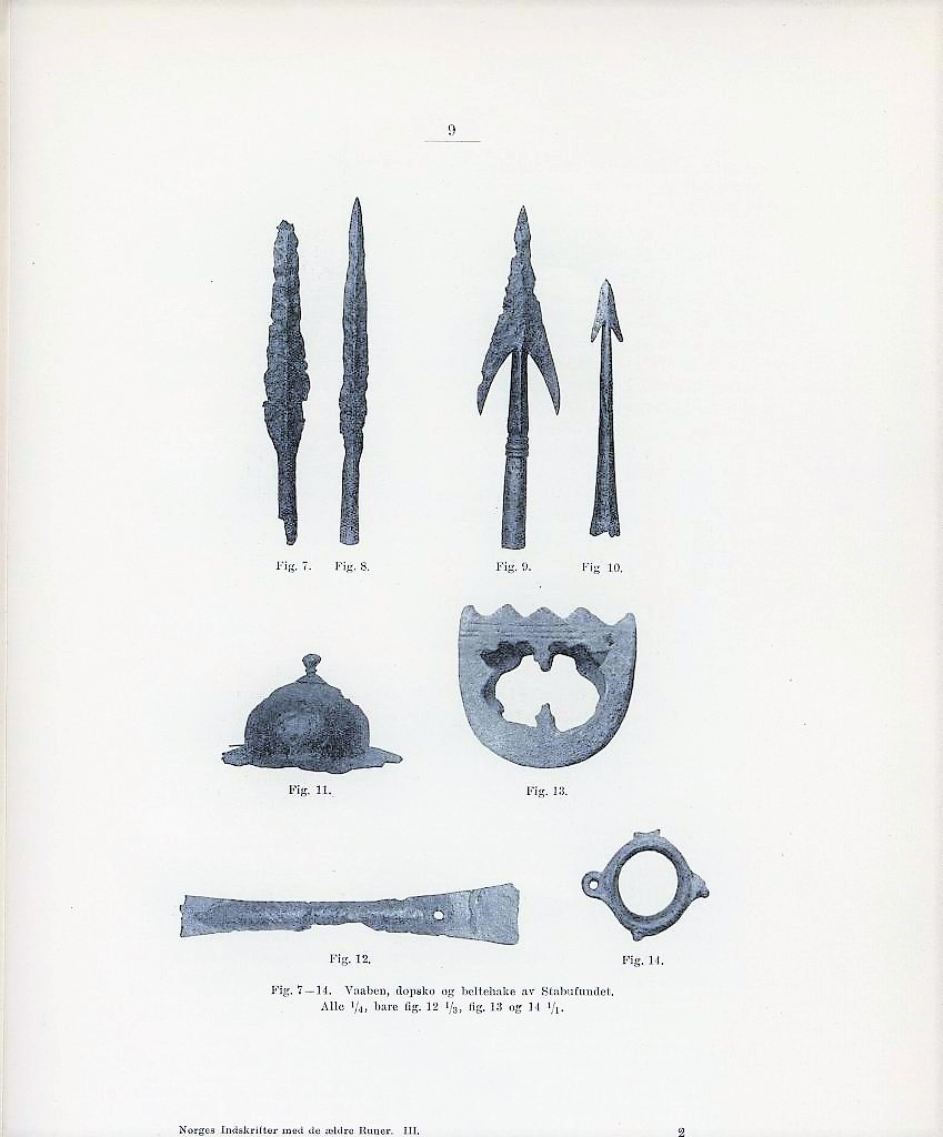 Spydspiss av jern med midtribbe, sl. Shetelig: Arkeologiske Tidsbestemmelser s. 9 fig. 8,. Fra yngre romersk jernalder og funnet i en gravhaug på Sukkestad i 1888.