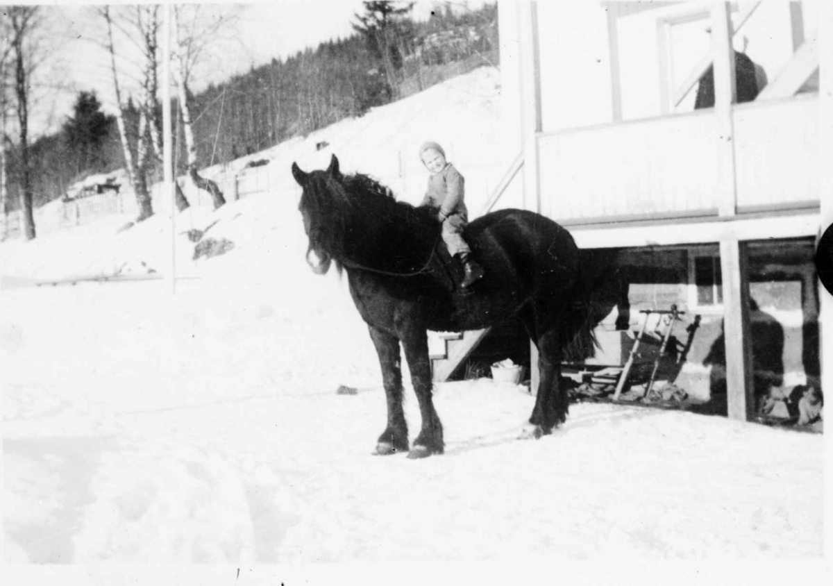 Vinterbilde. Barn på hest utenfor et hus.
