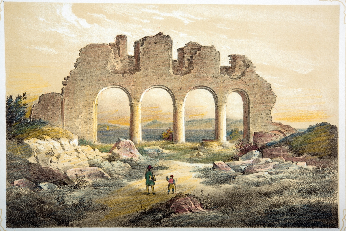 "Hammer Ruiner", Ruinene på Domkirkeodden. Domkirkeruinen. Håndkolorert litografi-trykk fra 1848. utgitt av Chr. Tønsbergs Forlag og Eiendom. Frich pinx. C. Muller, lith.

