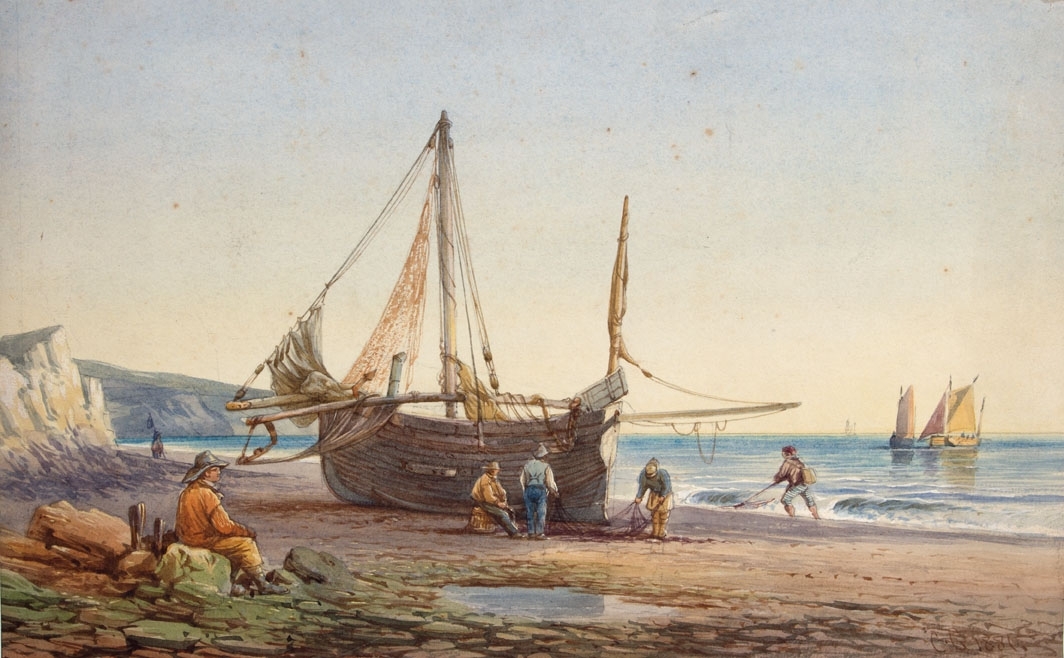 Akvarell som viser fiskefartøy på stranden med fiskere som arbeider med å ordnre garn. Flere fiskefartøy sees ute på sjøen.