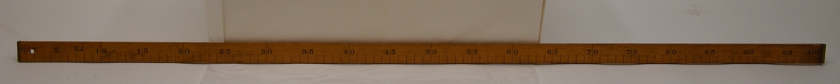 En trälinjal på 100 centimeter försedd med mässingsbeslag i båda ändar.

Linjalen är på framsidan märkt med "S.J." samt "P67" som också pryds med en krona. På baksidan är "Brastad" skrivet för hand med en tuschpenna, denna text är nött och lite svår att urskilja. På baksidan är det med en kulspetspenna också skrivet "90 x 35 x 55". I ena änden av linjalen finns  ett hål för att kunna fästa ett snöre vid den eller för att kunna hänga upp den på en spik på väggen, till exempel.