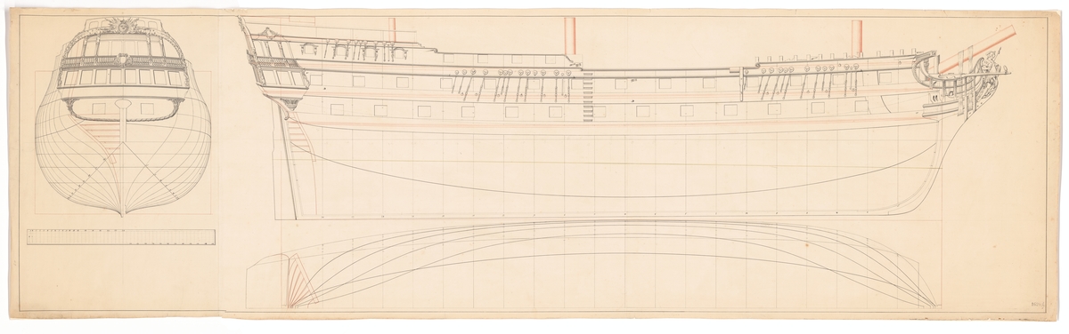 64-kanonersskepp. Spantruta, linjeritning och profil.