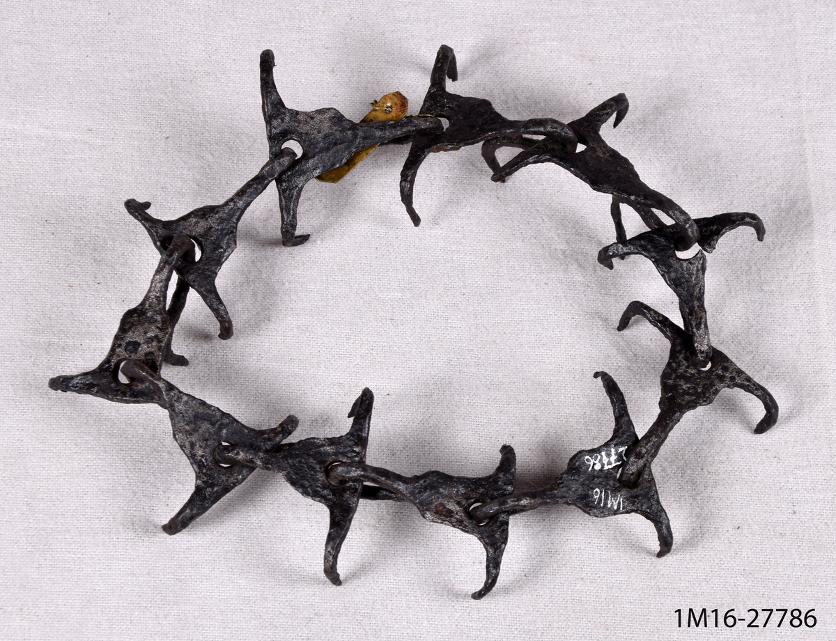 Hundhalsband av metall mot vargar, ovanliga länkar, tresidiga delar med två kortare taggar och en tredje längre tagg, som är flätad i bredvidliggande länk.