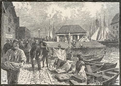 Den gamle Fiskebrygge i Kristiania. Efter Tegning af W. Pete