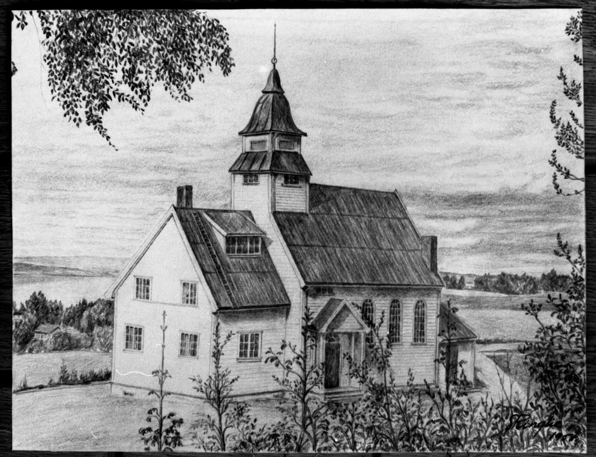 Avfotografert tegning av Kapp kirke. Tegninga er uten signatur.