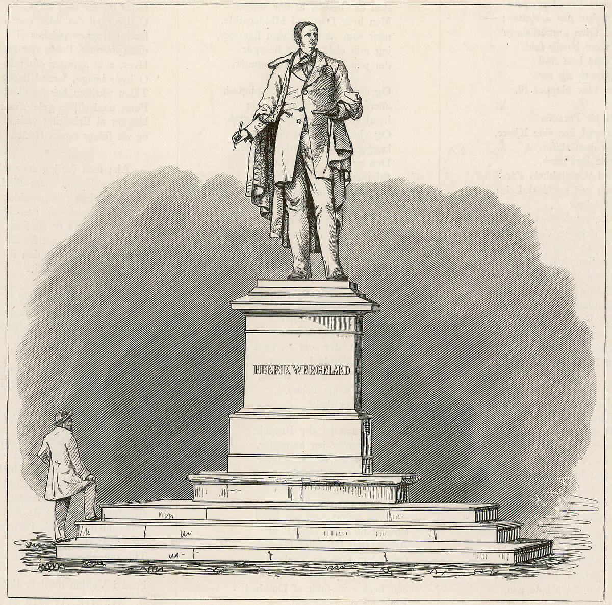 statue, mann, monument, dikter, kunstner, billedhugger. Billedhuggeren står ved foten av statuen til venstre.