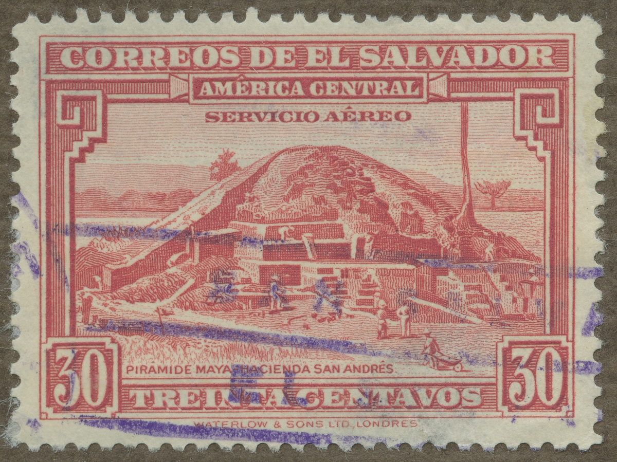 Frimärke ur Gösta Bodmans filatelistiska motivsamling, påbörjad 1950.
Frimärke från El Salvador, 1946. Motiv av Mayapyramiden vid Hacienda San Andrés, El Salvador.