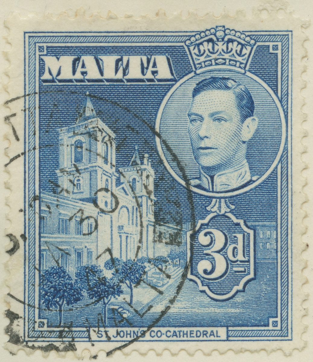 Frimärke ur Gösta Bodmans filatelistiska motivsamling, påbörjad 1950.
Frimärke från Malta, 1938. Motiv av St. Johns Katedralen på Malta. Ovan t.h. Kung George VI.