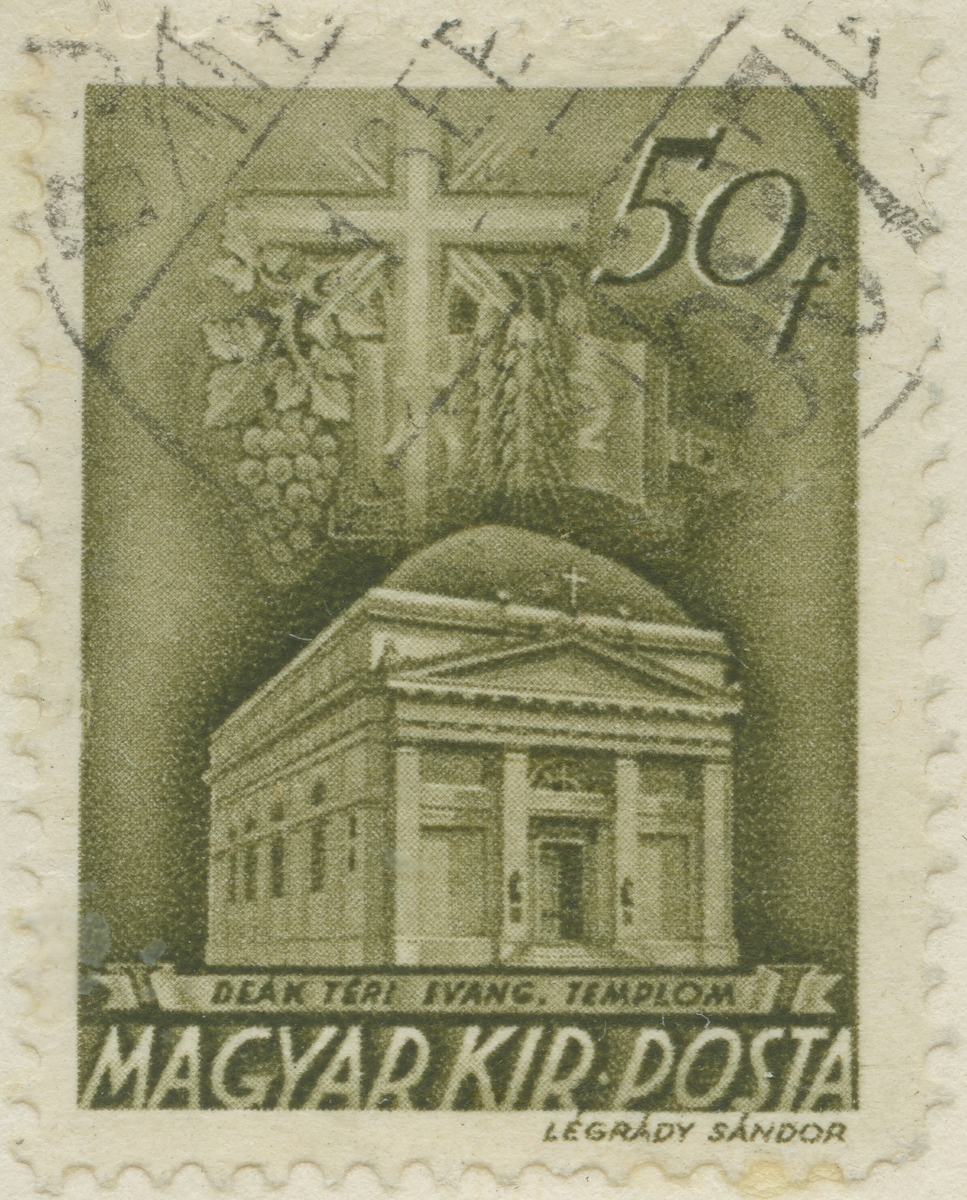 Frimärke ur Gösta Bodmans filatelistiska motivsamling, påbörjad 1950.
Frimärke från Ungern, 1939. Motiv av Evangeliska kyrkan i Budapest.