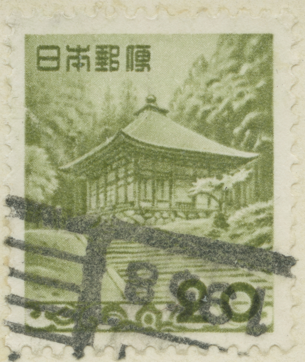 Frimärke ur Gösta Bodmans filatelistiska motivsamling, påbörjad 1950.
Frimärke från Japan, 1953. Motiv av Guldtemplet Chūson-ji vid Hiraizumi.