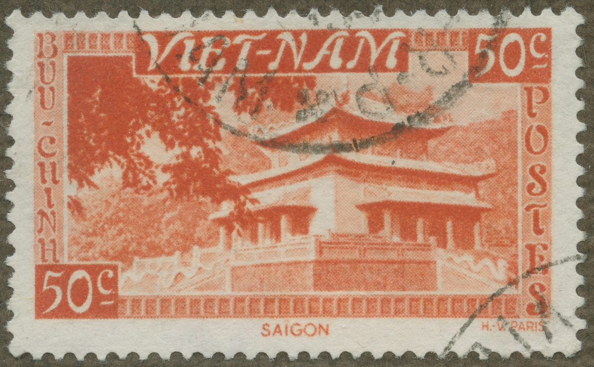 Frimärke ur Gösta Bodmans filatelistiska motivsamling, påbörjad 1950.
Frimärke från Vietnam, 1951. Motiv av templet Ipi i Saigon.