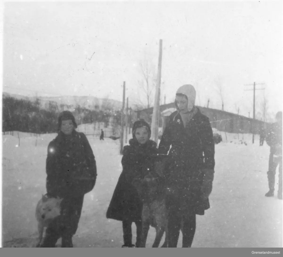 Norsk dame med 2 barn og 2 hunder. Under krigen.