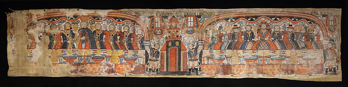 Ahasverus gästabud med kungen till vänster omgiven av manliga gäster och till höger drottning Vastis omgiven av kvinnliga gäster. Framför dem båda ett rikligt dukat bord. I mitten två män som blåser i instrument.