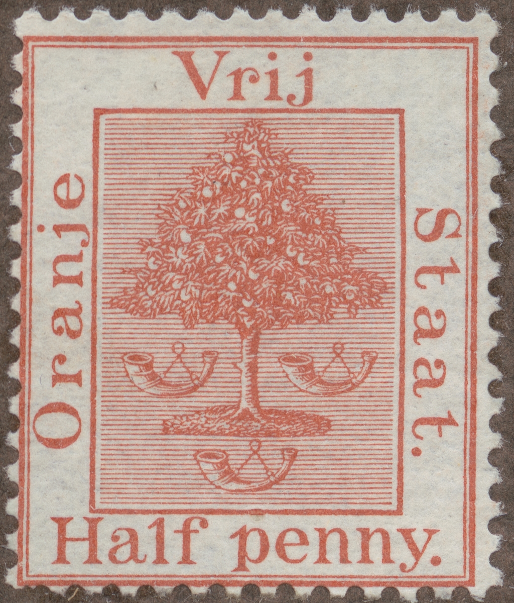 Frimärke ur Gösta Bodmans filatelistiska motivsamling, påbörjad 1950.
Frimärke från Oranje -Fristaten. Motiv av apelsinträd med frukter och posthorn.