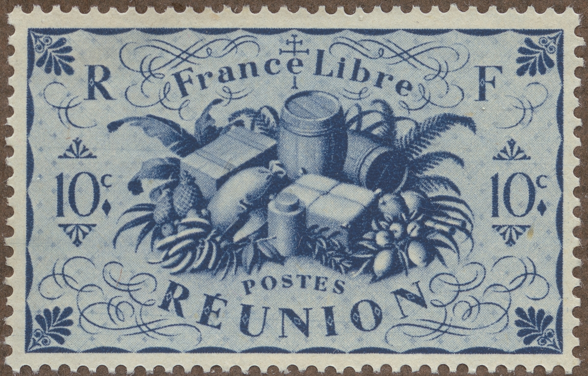 Frimärke ur Gösta Bodmans filatelistiska motivsamling, påbörjad 1950.
Frimärke från Reunion, 1943. Motiv av ananas och andra frukter från Reunion öster om Madagascar.