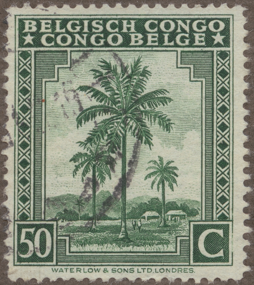 Frimärke ur Gösta Bodmans filatelistiska motivsamling, påbörjad 1950.
Frimärke från Belgiska Kongo, 1942. Motiv av kokospalmer.