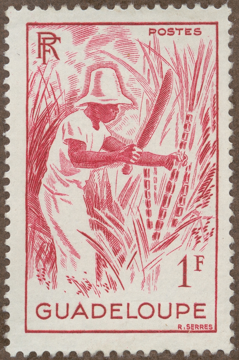 Frimärke ur Gösta Bodmans filatelistiska motivsamling, påbörjad 1950.
Frimärke från Guadeloupe, 1947. Motiv av skördande av sockerrör.