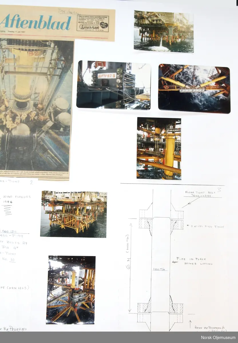 En montasje bestående av fire avisutklipp, tre illustrasjoner og syv fotografier, som viser teknikken og forteller historien om oppjekkingen av Ekofisk.