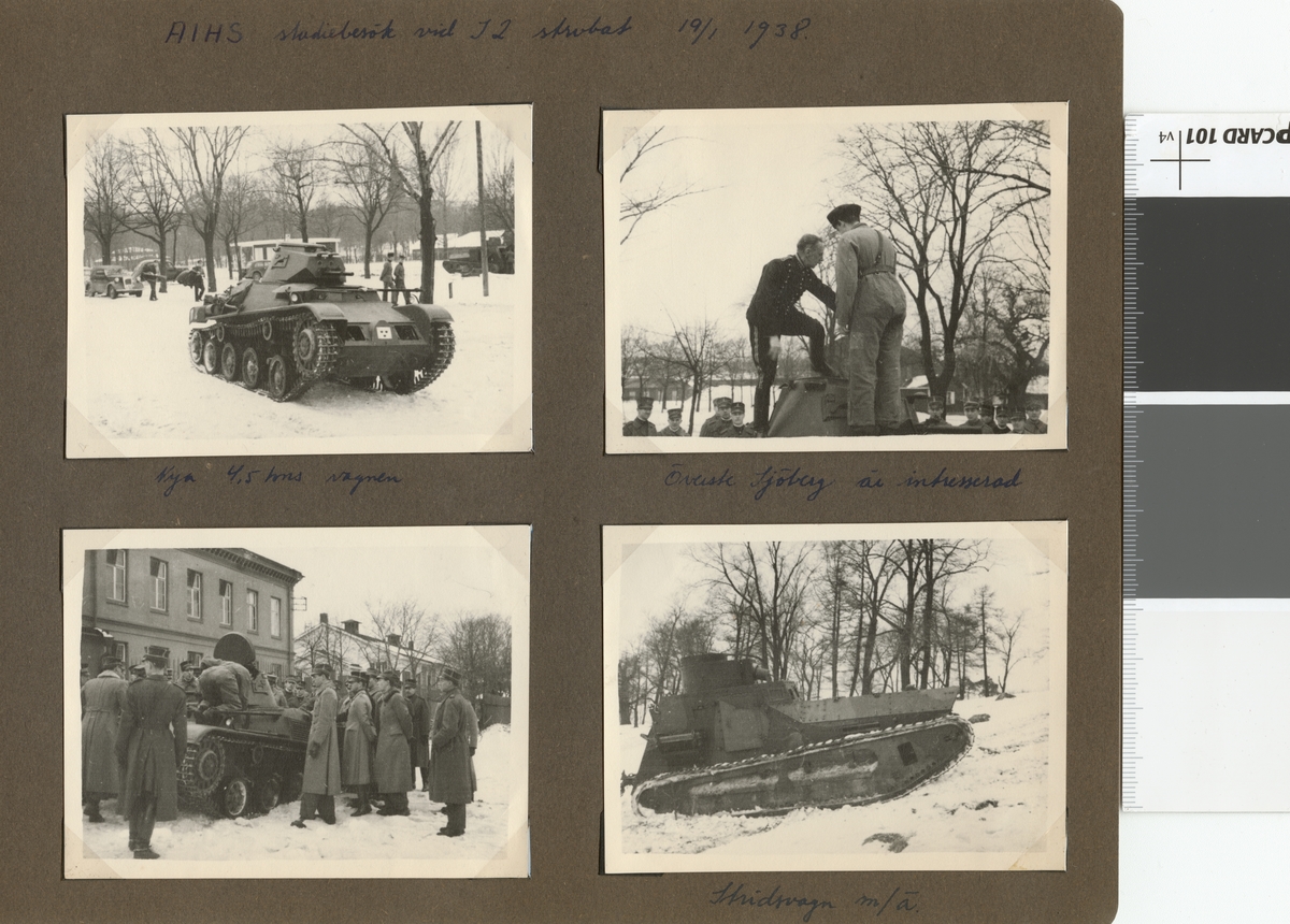 Text i fotoalbum: "AIHS studiebesök vid I 2 strdvbat (Göta livgardes stridvagnsbataljon) 19.1.1938. Nya 4,5 tons vagnen."