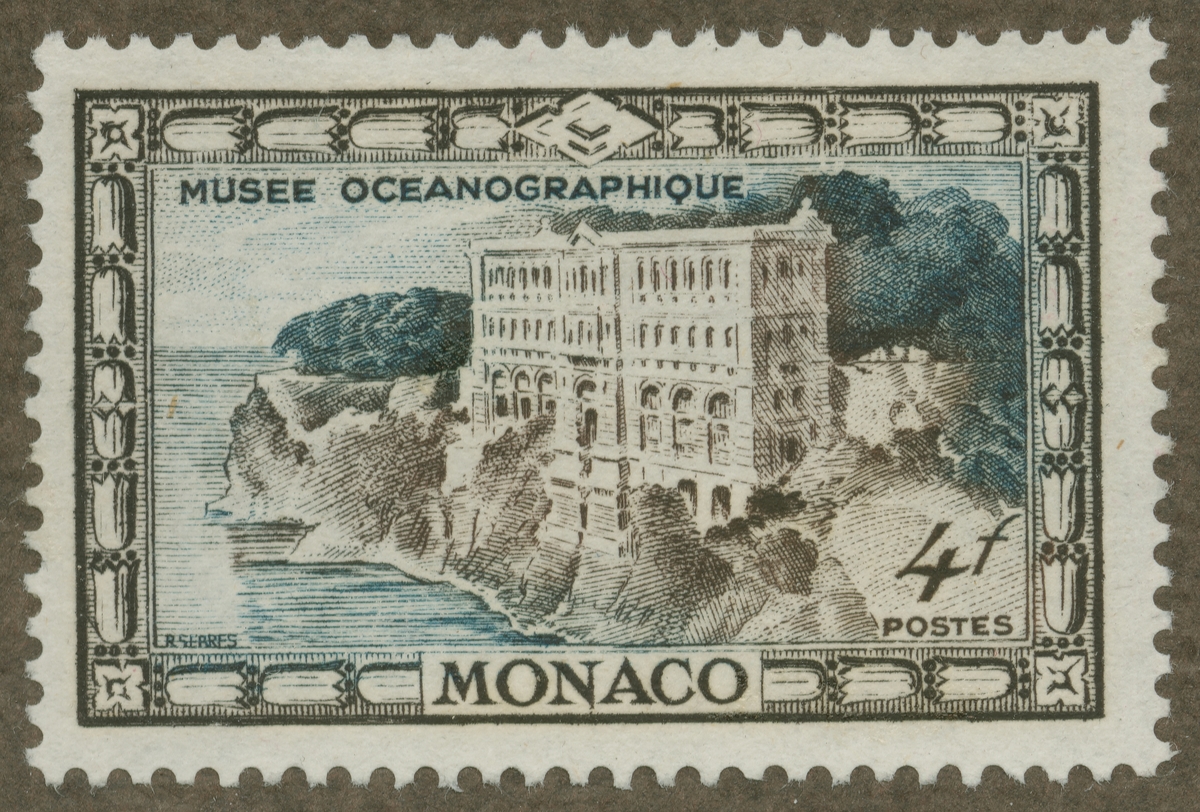 Frimärke ur Gösta Bodmans filatelistiska motivsamling, påbörjad 1950.
Frimärke från Monaco, 1949. Motiv av Oceanografiska museet i Monaco.