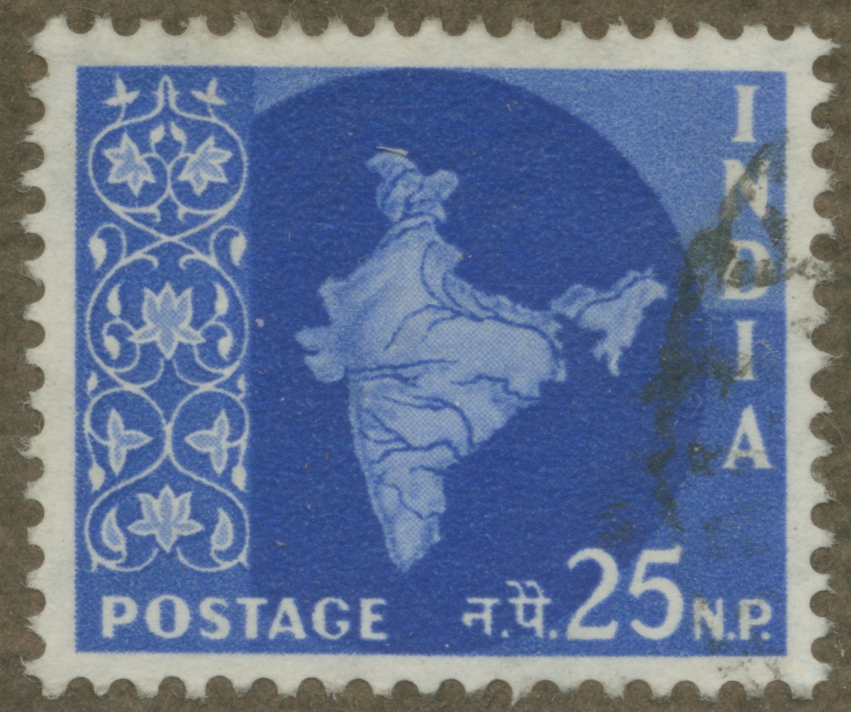 Frimärke ur Gösta Bodmans filatelistiska motivsamling, påbörjad 1950.
Frimärke från Indien, 1957. Motiv av karta över Indien.