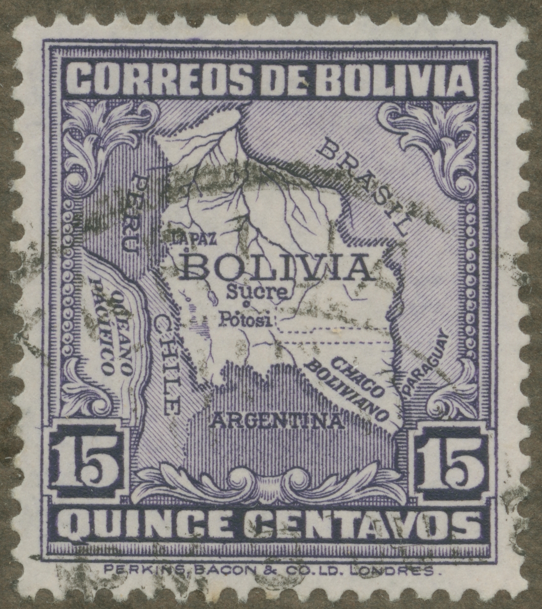 Frimärke ur Gösta Bodmans filatelistiska motivsamling, påbörjad 1950.
Frimärke från Bolivia, 1931. Motiv av karta över Bolivia.