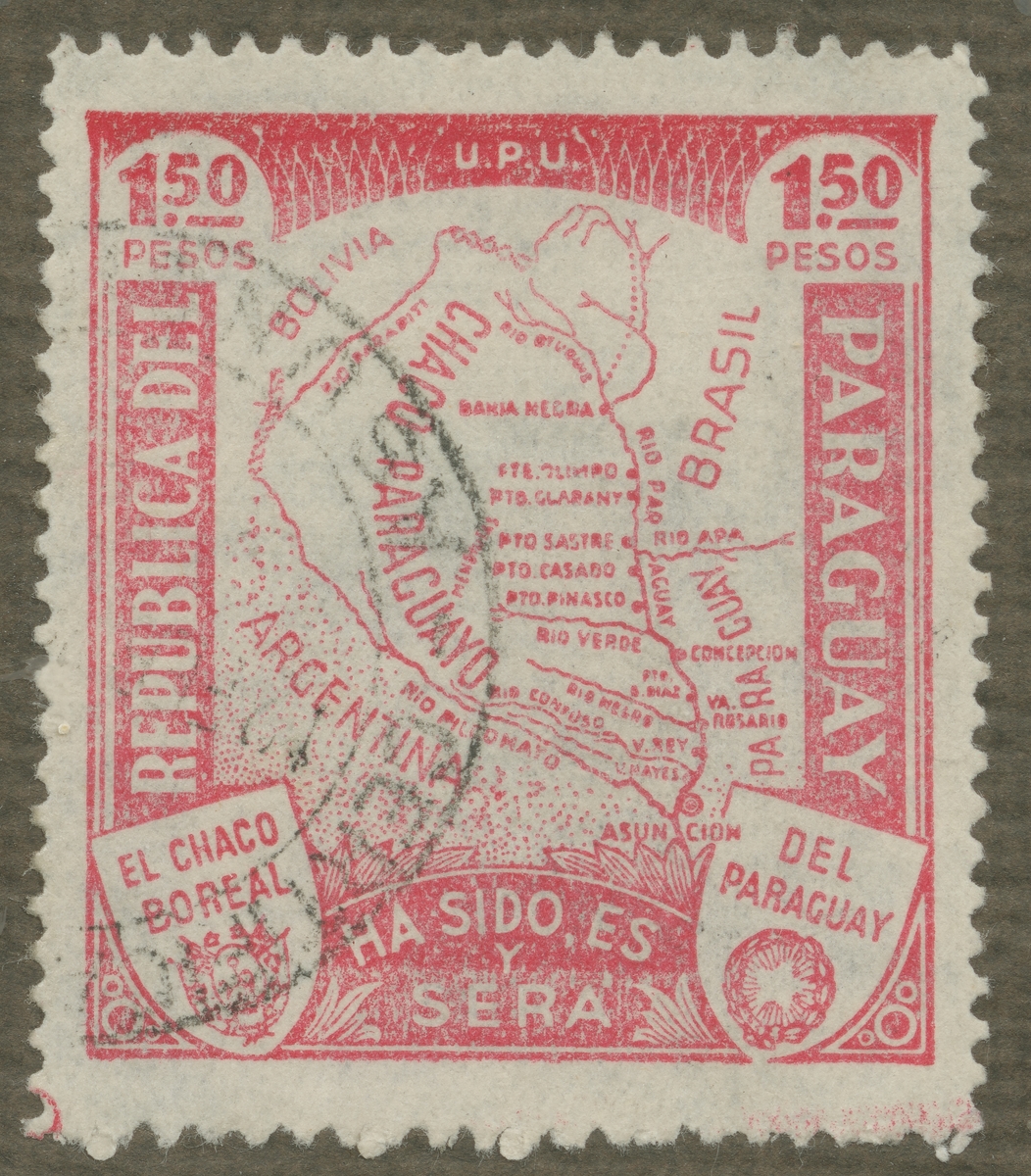 Frimärke ur Gösta Bodmans filatelistiska motivsamling, påbörjad 1950.
Frimärke från Paraguay, 1935. Motiv av karta över Paraguay, Grand Chaco.