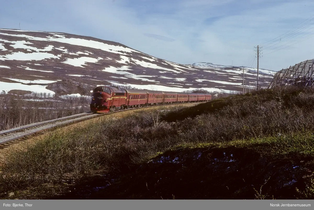 Nordgående dagtog 451 trukket av diesellokomotiv Di 3 631 sør for polarsirkelen
