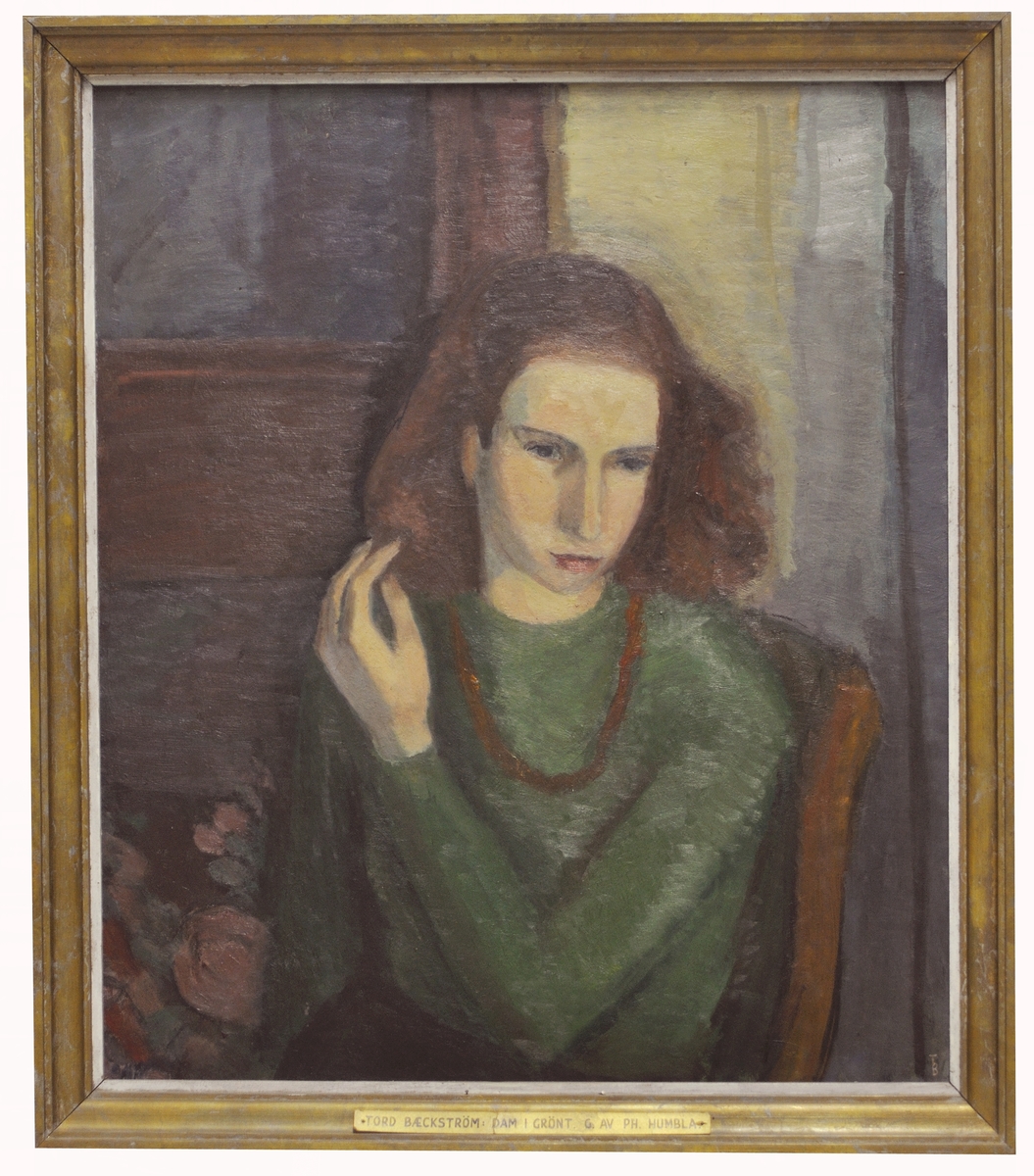 Målning, "Dam i grönt" av Tord Baeckström.
Porträttet föreställer konstnärens fru Gerd Baeckström.