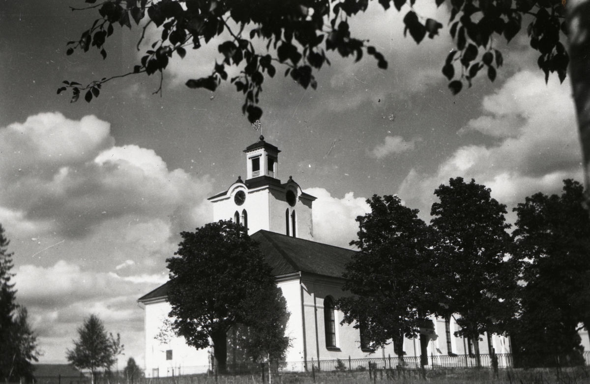 En kyrka syns bakom en rad med träd.