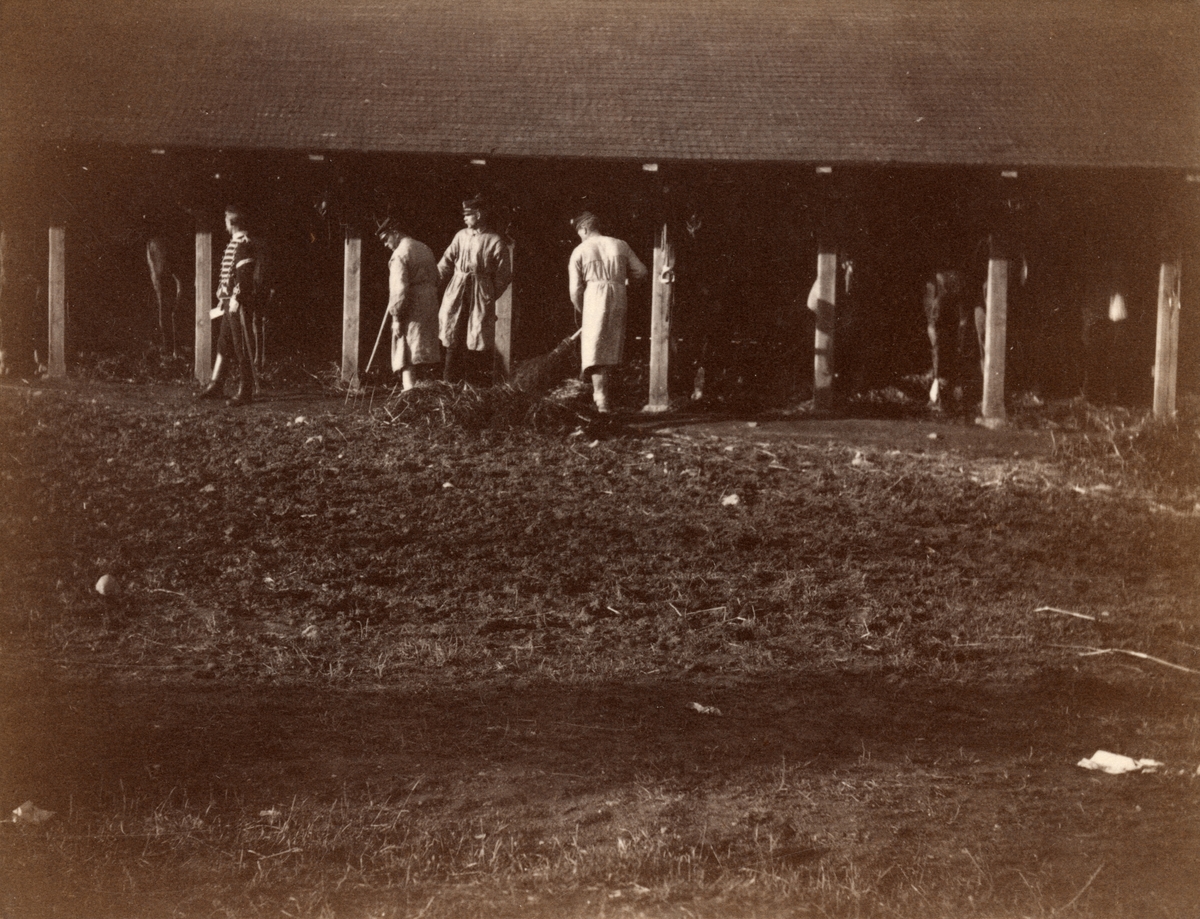 Soldater från Livregementets husarkår vid stall.