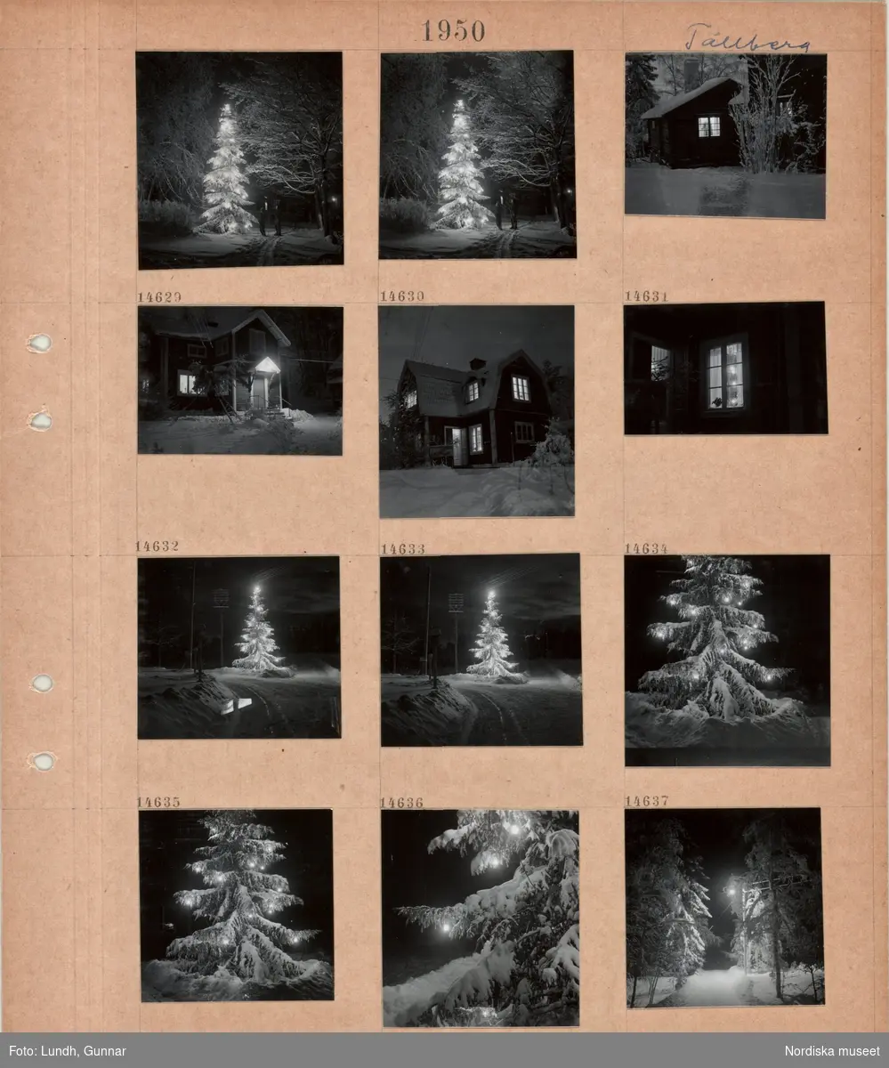 Motiv: Tällberg (Dalarna) ;
Nattbild med en julgran med julbransbelysning utomhus och två personer på skidor som står och tittar, exteriör av hus, en snötäckt skog.