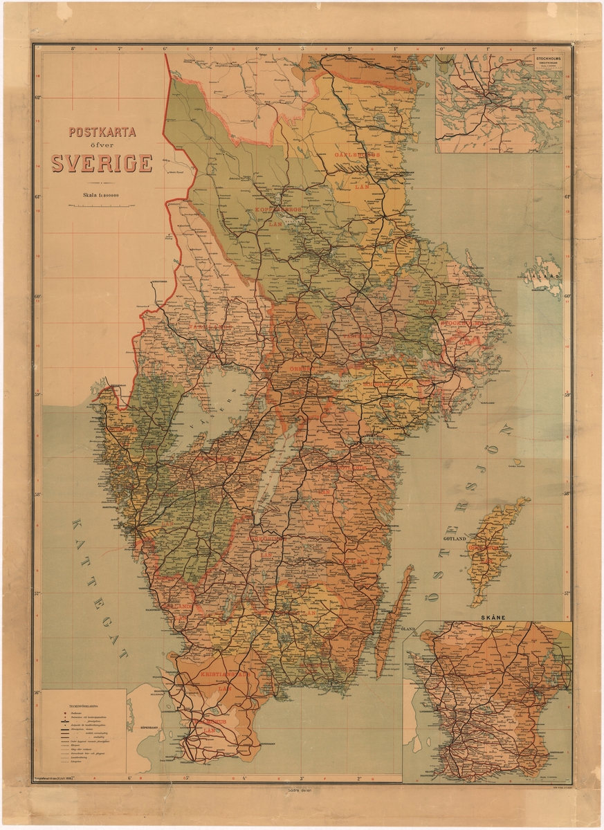 Postkarta över Sverige, södra delen, utgiven 31 juli
1908.Skala 1:800 000.