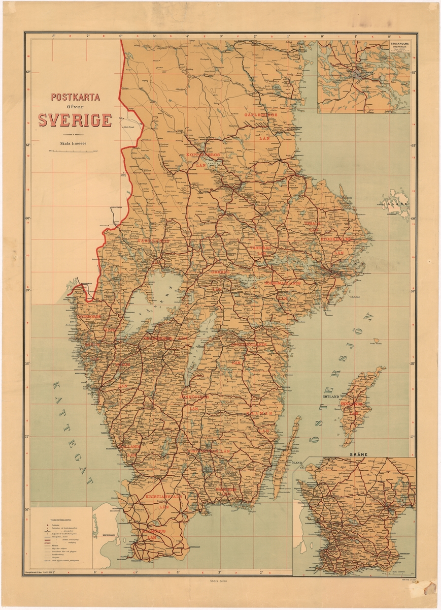 Postkarta över Sverige, södra delen, utgiven 1906 (kompletterad till den 1 juli 1906). Skala 1:800 000.