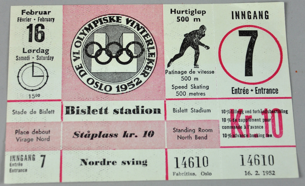Billett til hurtigløp på skøyter under vinter-OL i Oslo 1952
