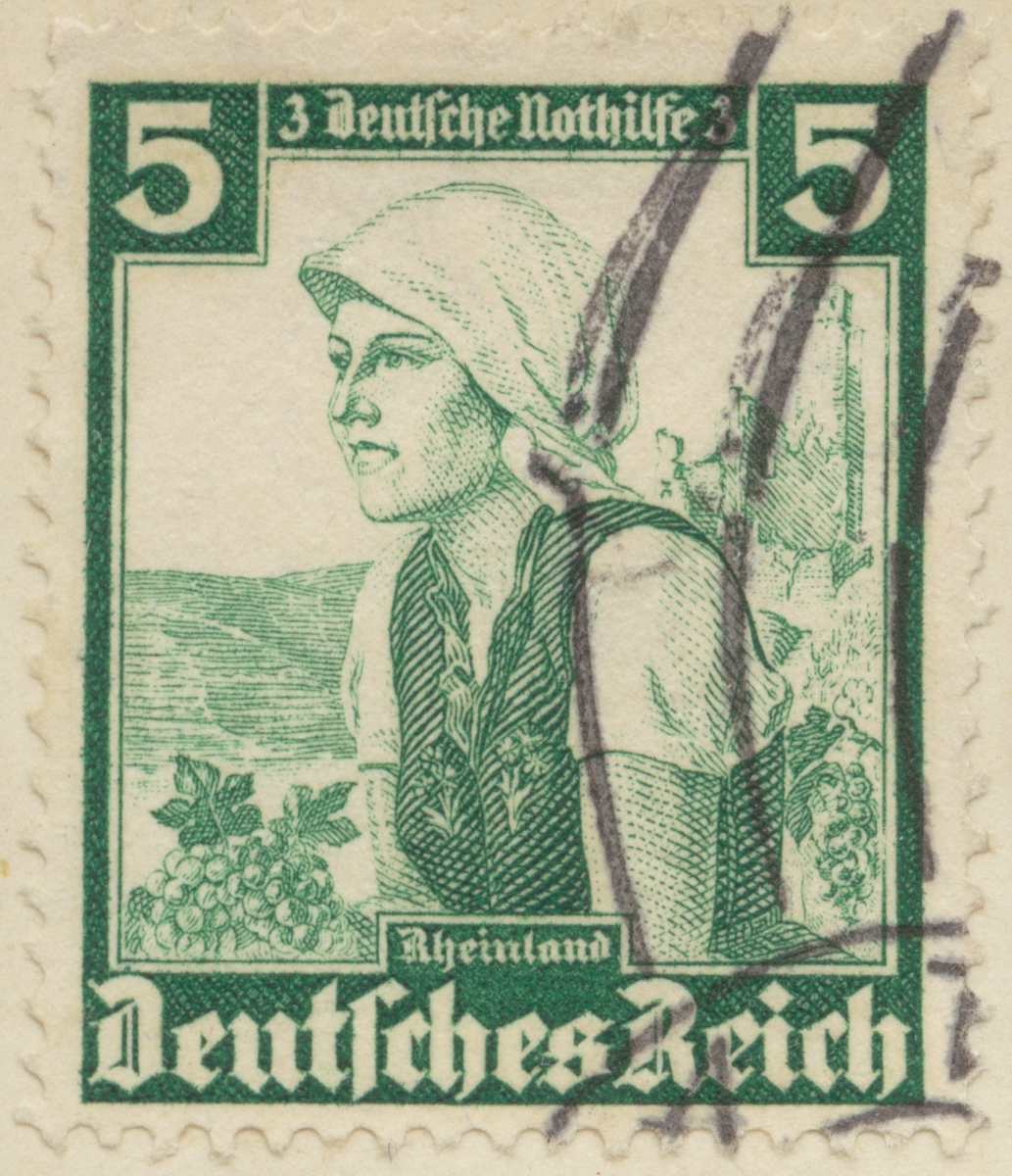Frimärke ur Gösta Bodmans filatelistiska motivsamling, påbörjad 1950.
Frimärke från Tyskland, 1935. Motiv av kvinnodräkt, Rheinland.