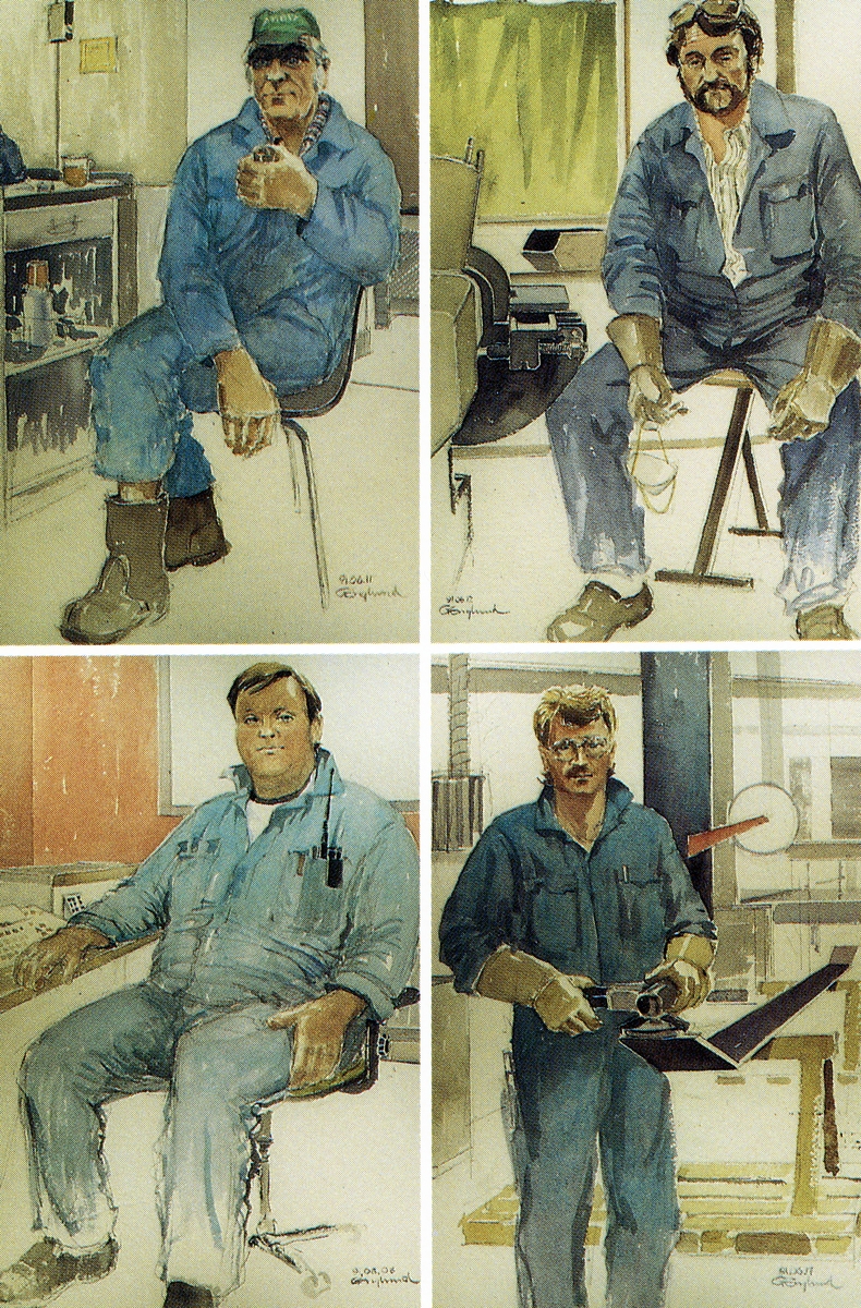1991-92. AGEVE. Vykort från uställningen i Paris. "Portraits D´Atelier".
Georg Englunds akvareller av/till arbetarna i Gävle när AGEVE flyttade 1993. En utställning i Paris 1993. Akvarellerna ställdes även ut i lunchrummet på AGEVE.